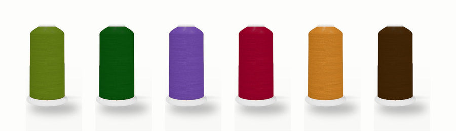 SILKhee Toadstool Pack 01 — polyester machine embroidery thread cones in the pack's colors